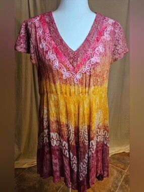 NWT Shoreline Boho Embroidered Tie Dye Tunic Dress 2XL Fits M/L Pink Yellow